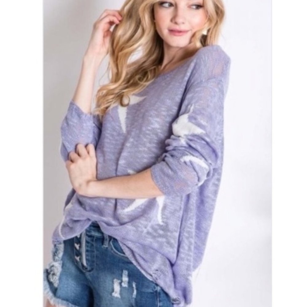 Davi & Dani Periwinkle Sheer Distressed Hem Star Sweater SZ S